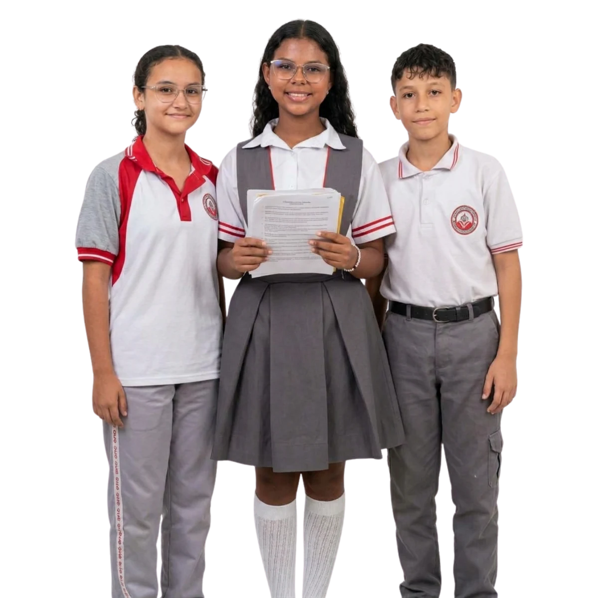 Tres estudiantes de secundaria del Gimnasio Cristiano Belén con el uniforme del colegio
